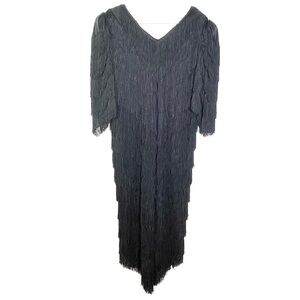 Vintage Nightworks Fringe Midi Black Fringe 1970's/1980's Style Dress Sz 14W